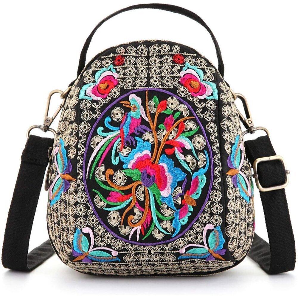 Embroidery Canvas Crossbody Bag Women's Small Zipper Purse Travel Organizer